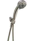 Premium Five Setting Hand Shower With Sixty Inch Hose Stainless Finish Including Full Body Spray Fast Massage Full Spray With Massage Shampoo Rinse Soft Drench For Spa Like Wash And Refresh shown side view