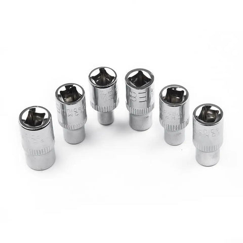 Must-Have 6 Piece E Socket Set For Auto Repair. Tough Heat Treated Steel Bits Covering E4 To E10 Star Female Bolt Removal. Perfect Mechanic Kit Tool Gear! 6 chrome E sockets