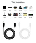 Male To Female Power Extension Cord With Rock Solid Molded Grip Housings For Routing Existing Power Cable And Getting That Long Run, showcasing black and white cables.