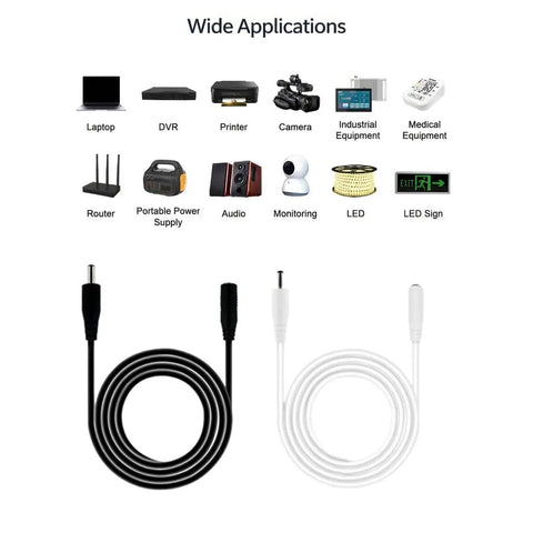 Male To Female Power Extension Cord With Rock Solid Molded Grip Housings For Routing Existing Power Cable And Getting That Long Run, showcasing black and white cables.