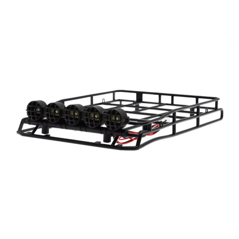 Premium Quality Heavy Duty Metal Roof Rack And Luggage Tray Kit For Twelfth Scale RC Whips showing integrated cab lights.