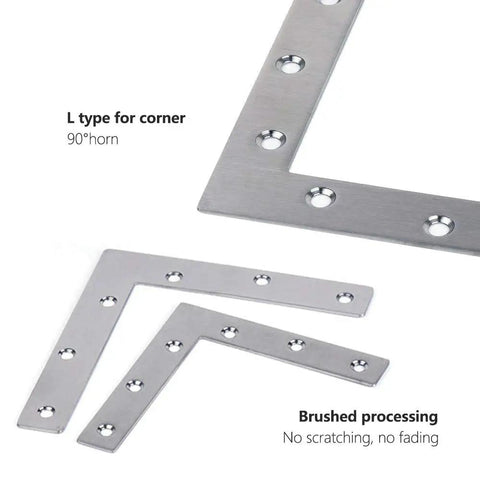 5 To 12 Pieces Stainless Steel L Shaped Corner Brace Set With Flat Plate Brackets and screws shown in brushed finish.