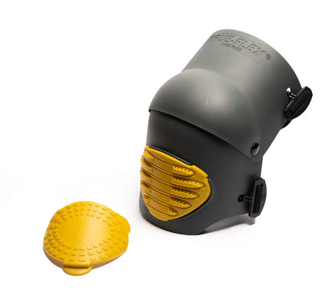 Extra Large Work Knee Pads With Heavy Duty Foam Padding Anti Slip Double Straps Breathable Comfort For Indoor And Outdoor Jobs in Black and Yellow shown with detachable yellow cap.