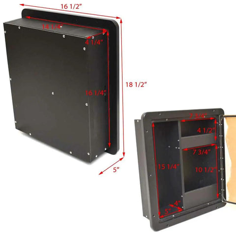 Built Dope Marine Boat Fire Extinguisher Storage Box in Matte Black showing dimensions and features from multiple angles.