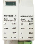 Front view of Type 2 Industrial Surge Protector For DIN Rail, 275V, 1+1, MC3140-275-1+1, showing technical specifications.