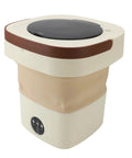 Ultra Compact Portable Washing Machine 8.5 Liter Foldable Mini Laundry Tub with brown lid and beige body, ideal for camping.