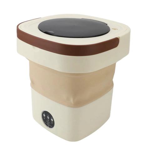 Ultra Compact Portable Washing Machine 8.5 Liter Foldable Mini Laundry Tub with brown lid and beige body, ideal for camping.