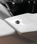 14mm Universal Motorcycle Quick Release Fairing Bolts With Clips, showing a silver quarter turn fastener installed on white panel.