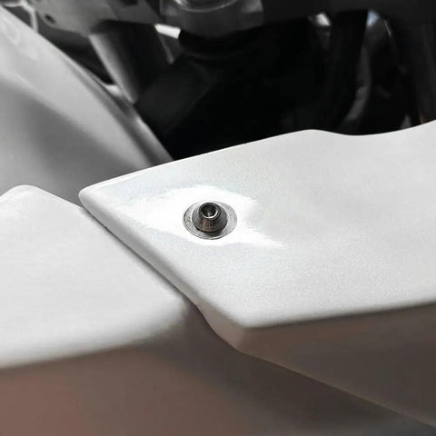 14mm Universal Motorcycle Quick Release Fairing Bolts With Clips, showing a silver quarter turn fastener installed on white panel.