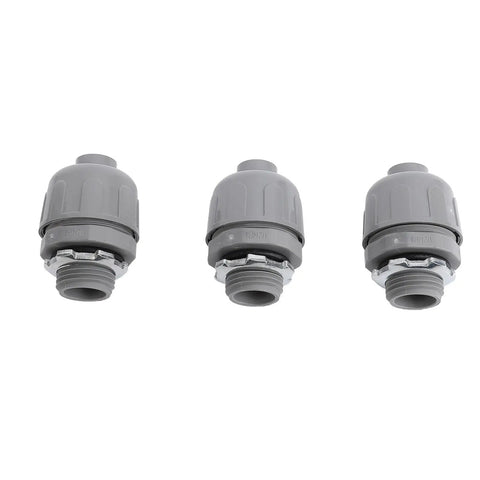 Three 3/4 Inch NPT Liquid Tight Connectors made from Nylon 6, ideal for outdoor HVAC and machinery setups.