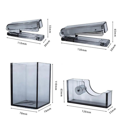 Smoke Grey 4 Piece Acrylic Office Desk Gear Kit, Transparent Desk Organizer Set with staplers, pen cup, tape dispenser