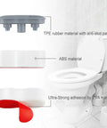 Universal Toilet Seat Bumpers Kit With Height Adjustment And Strong Self Adhesive Includes 2 Height Options 5 Lid Bumpers And 2 Tank Bumpers In Gray And Clear ABS Durable Construction For Quiet No Fuss Easy Install, shown with TPE rubber material and EVA adhesion details next to a toilet.