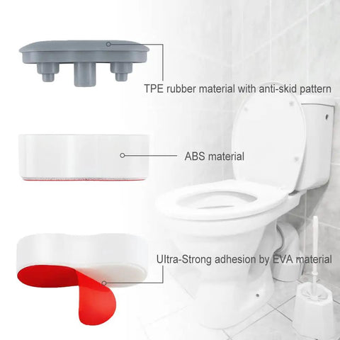 Universal Toilet Seat Bumpers Kit With Height Adjustment And Strong Self Adhesive Includes 2 Height Options 5 Lid Bumpers And 2 Tank Bumpers In Gray And Clear ABS Durable Construction For Quiet No Fuss Easy Install, shown with TPE rubber material and EVA adhesion details next to a toilet.