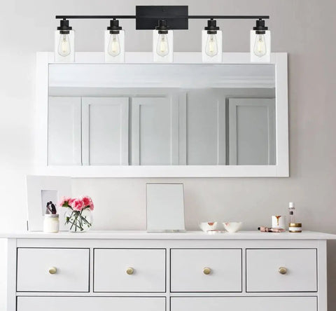 Industrial Farmhouse 5 Lights Vanity Fixture Over Mirror With Clear Glass Shades Matte Black Finish Delivers A Crisp Modern Bathroom Vibe For Mirror Cabinet Bedroom Hallway Easy Install