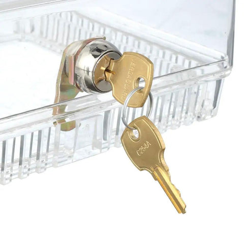 Locking Thermostat Guard Cover For Small 4.375 Inch Square Units with keys in clear plastic shield, close-up of lock and keys