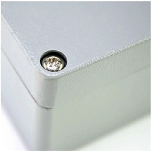 Close-up of IP66 Waterproof Cast Aluminum Junction Box corner, showing screw detail for outdoor electronics projects