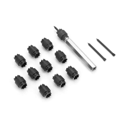 13 Piece Three Eighths Inch Double Sided HSS Spot Weld Cutter Kit With Hex Shank Drill Bits For Spot Weld Removal And Sheet Metal Panel Separator For Access Hole Cutting, set on white
