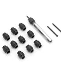 13 Piece Three Eighths Inch Double Sided HSS Spot Weld Cutter Kit With Hex Shank Drill Bits For Spot Weld Removal And Sheet Metal Panel Separator For Access Hole Cutting, set laid out on white
