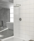 Shower Faucet Set, 10-Inch Rainfall Head with Valve, Brushed Nickel in modern bathroom setting with sleek tiles.