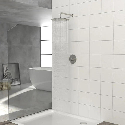 Shower Faucet Set, 10-Inch Rainfall Head with Valve, Brushed Nickel in modern bathroom setting with sleek tiles.
