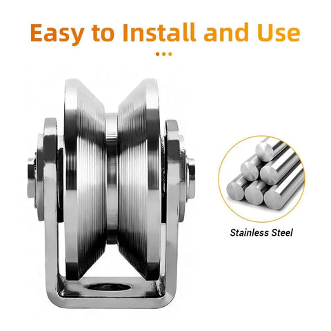 2 Pack V Groove Wheel Pulleys Measuring 1.89 Inch Made From Tough 201 Stainless Steel With Silent Double Bearings, side view.