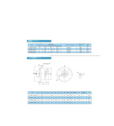 Technical specs of Single Axis Magnetic Powder Brake With 1 Nm Torque And 24V Mini Tension Controller, showing dimensions and diagrams.