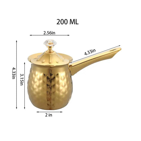 Gold Hammered Stainless Steel Turkish Coffee Cezve 7 Oz 200 Ml Ibrik With Heat Resistant Handle And Lid for stovetop use.