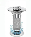 Heavy Duty Bathroom Sink Stopper Strainer With Removable Stainless Steel Filter Basket, polished silver finish, water splash effect.