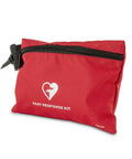 Red Philips HeartStart AED Fast Response Kit pouch with black zipper, front view.