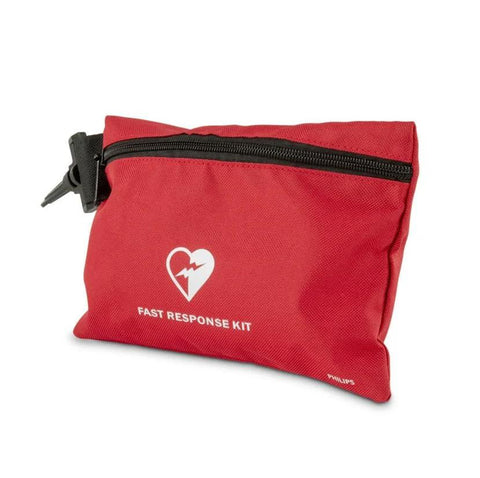 Red Philips HeartStart AED Fast Response Kit pouch with black zipper, front view.