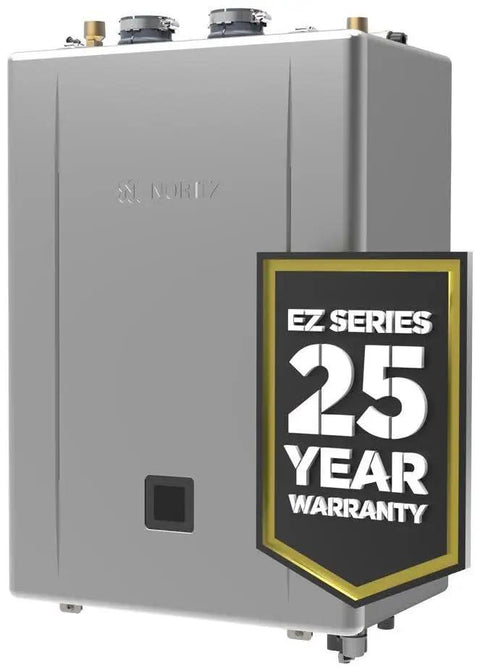 Game Changer EZ Series Pro Tankless Water Heater Package Delivers 9.8 Gpm Flow And 180K Btu Heating With Reliable 120V Electric Ignition For Indoor Or Outdoor Residential Use Featuring Smart Bluetooth App Control On Natural Gas Systems, showing tankless heater with 25-year warranty.