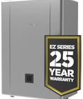 Rock Solid Natural Gas Tankless Water Heater with EZ Series Pro Tech, 25 year warranty, sleek silver design.