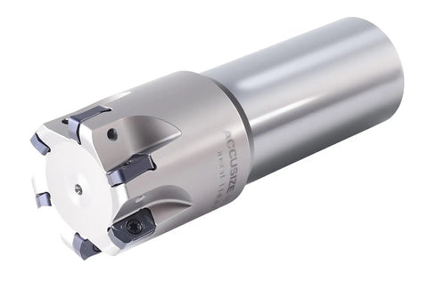 High Feed 1.5 Inch Indexable End Mill With 1.25 Inch Shank, 6 Flutes, TiAlN Carbide Coating, And LNMU030312R-JM Inserts in silver finish