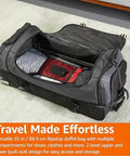 Open-view of Amazon Basics 35-inch rolling duffel bag, black ripstop polyester with wheels and pull handle, interior pockets