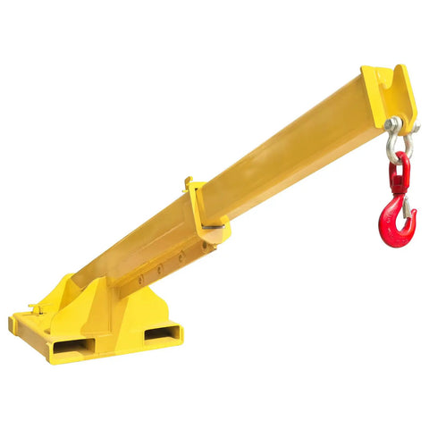 Beat Down Tough 11000 Lb Forklift Jib Boom Crane Telescopic Lifting Hoist Attachment with yellow hoist and red hook.