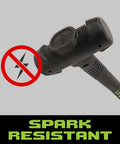 Dead Blow Hammer 16 Inch, 4 Lb Head, Spark-Resistant and Ergonomic Grip, close-up of hammer with no spark symbol, gray background
