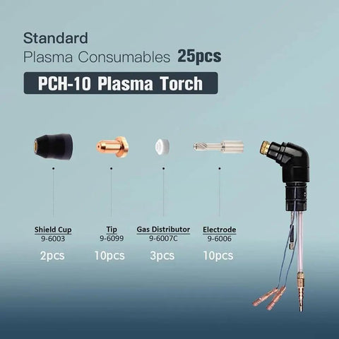 25 Piece Plasma Cutter Consumables Set For PCH-10 And 1-8000 Series including shield cup, tip, gas distributor, and electrode