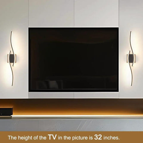 Modern Hardwired LED Wall Sconce Set Of Two With Remote Control, RC Dimmable Black Indoor Wall Lights beside 32-inch TV