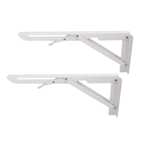 Two Beefy Wall Mount Folding Shelf Brackets For RVs And Boats, shown in white rustproof cold rolled steel, 90 kg load capacity, 13.39in size.