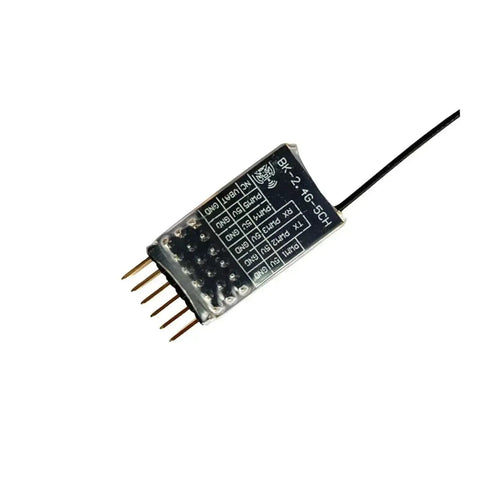 5 Channel PWM Receiver For ELRS 2.4G With Copper Antenna, compact black unit with connector pins and attached antenna on white background