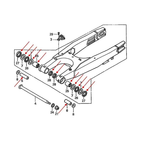 Diagram of Steering Stem Bearing Swingarm Maintenance Kit For CR125 02 03 04 05 06 07 Motocross Parts with components labeled.