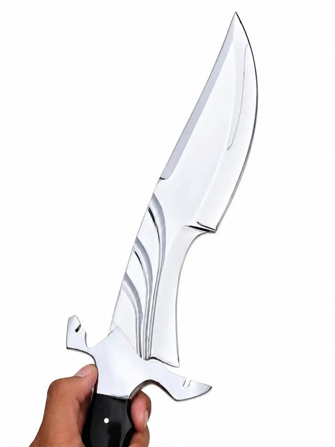 Stag Handle Fixed Blade Knife For Camping And Hunting, Handmade Bowie Style With Mirror Polish Stainless Steel Blade in hand
