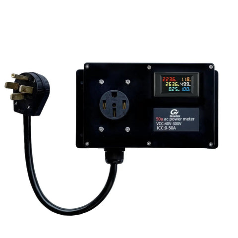 Digital LCD Power Meter For 50 Amp 120V Systems With NEMA 14 50 Connector, clear display, 1.3 ft 9 AWG cable shown.