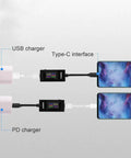 USB C Power Meter And Tester For Go-To Voltage And Current Checks 4-30V 0-6.5A Digital Multimeter connected to phones