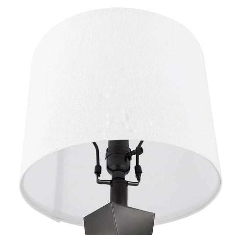 Close-up of black table lamp with white linen shade, part of Two Pack Black Table Lamps With White Linen Shades For Bedroom And Living Room End Tables Set Of 2, Easy Three Minute Assembly, 9.5W LED Bulbs Included, Warm Cozy Nightstand Lighting.