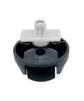 Robot vacuum drive wheel with white mounting hub and black wheel (front view)