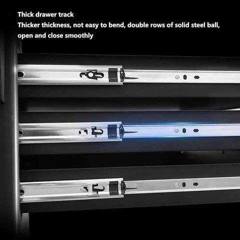 Close-up of Workhorse 7 Drawer Rolling Tool Cart With Lock For Garage And Workshop Storage showing drawer tracks and wheels