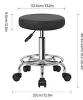 Round Rolling Stool With Footrest In PU Leather, Height Adjustable 360 Degree Swivel Office Chair On Wheels, Compact Grey