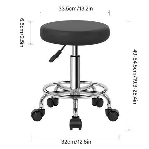 Round Rolling Stool With Footrest In PU Leather, Height Adjustable 360 Degree Swivel Office Chair On Wheels, Compact Grey