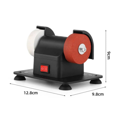 Compact Bench Grinder Machine With Dual Wheel Assembly For Polishing And Cutting, 12.8cm x 9.8cm, black and red design.